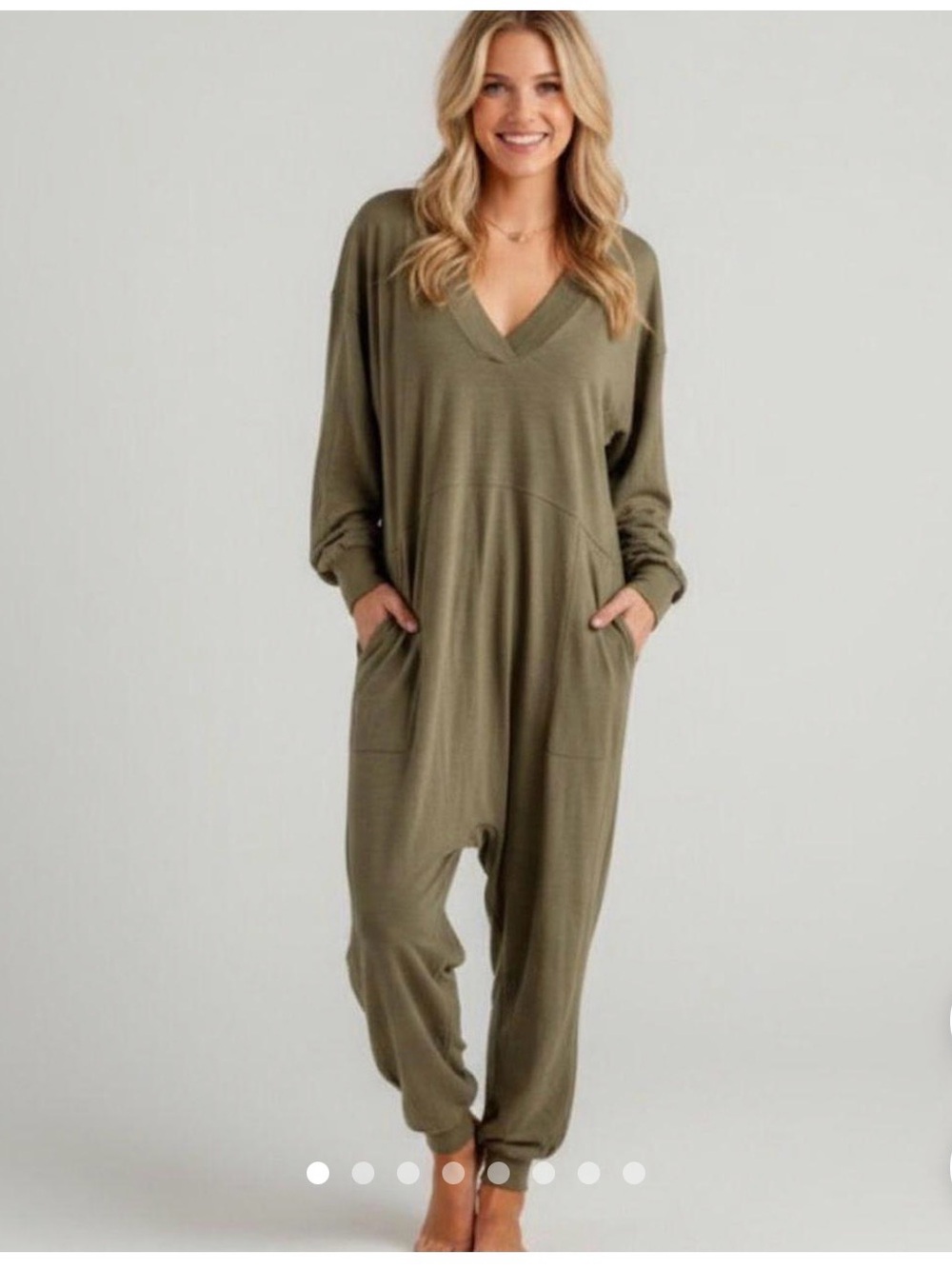 Natural Life Relaxed/Oversized V-Neck Olive Jumpsuit for Women, Size Small